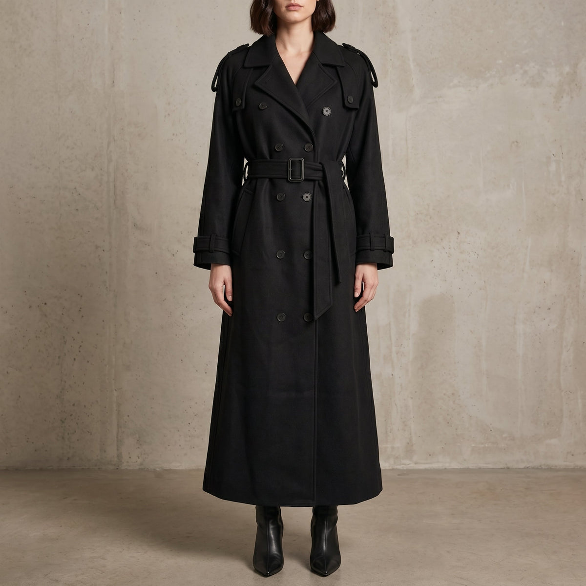 Charlotte - Women's Oversized Longline Trench Coat with Belt - Trench Coats - Black - Parker&Brooks