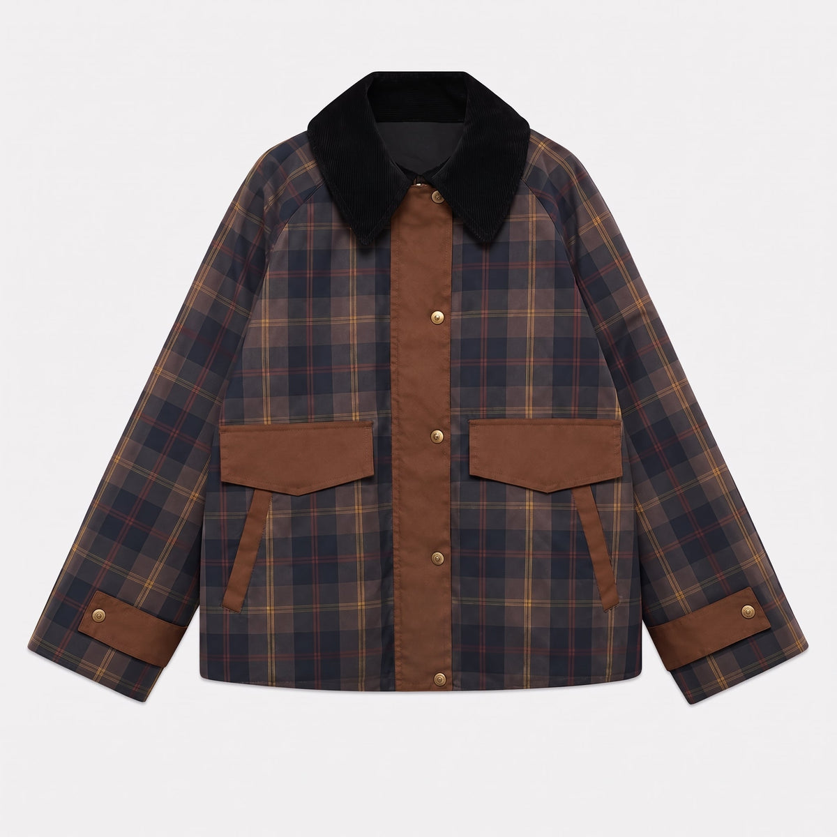 Charlotte - Women's Oversized Plaid Transitional Jacket with Contrast Collar - Wrap Coat - Brown - Parker&Brooks