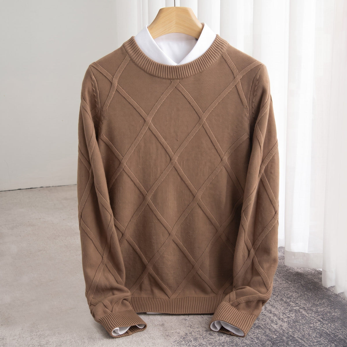 Charlotte – Women’s Relaxed Fit Crewneck Sweater with Argyle Knit - Sweaters - Brown - Sarvento