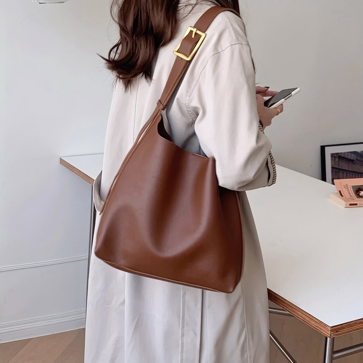Charlotte - Women's Slouchy Hobo Shoulder Bag with Buckle Strap - Shoulder Bags - Brown - Sarvento