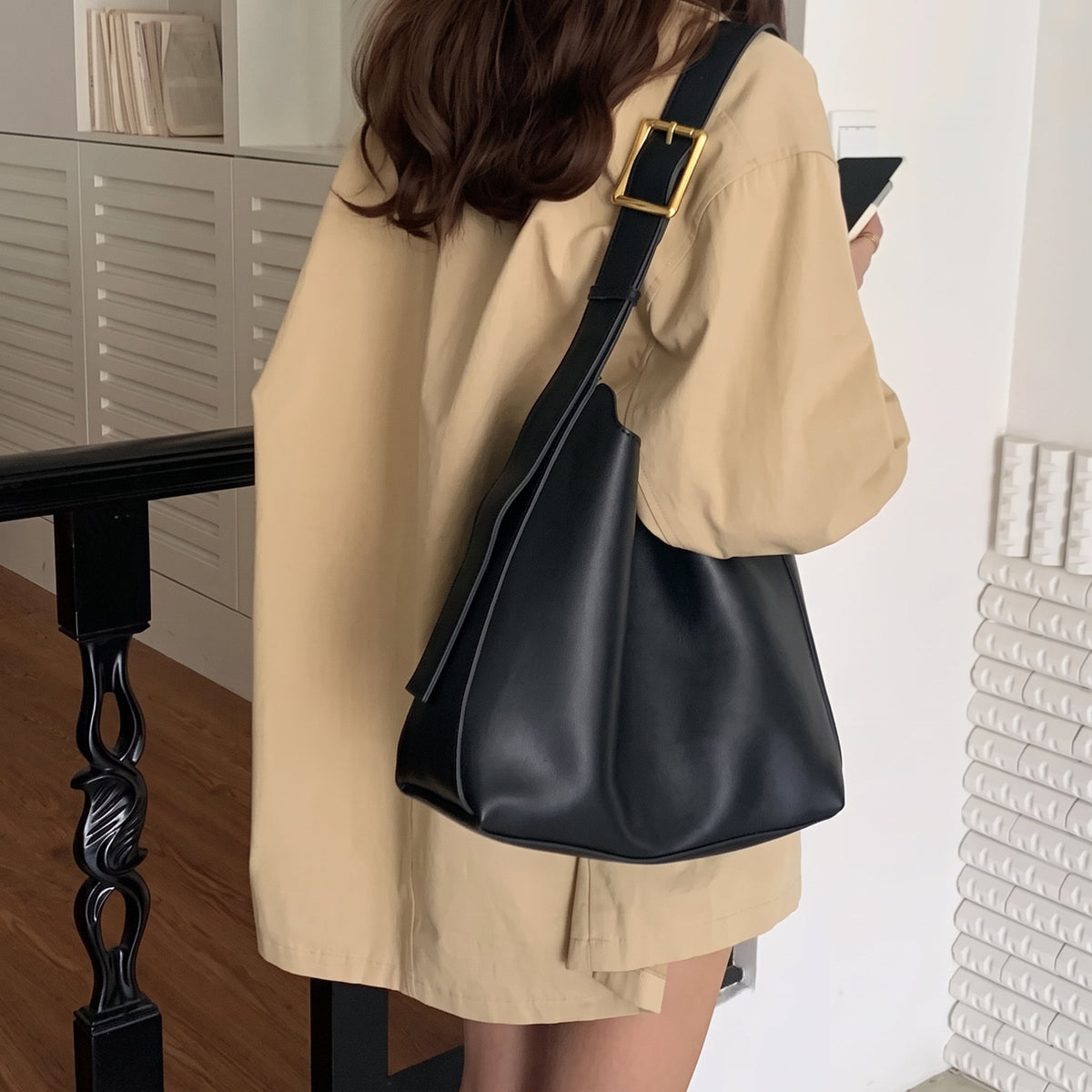 Charlotte - Women's Slouchy Hobo Shoulder Bag with Buckle Strap - Shoulder Bags - Black - Sarvento