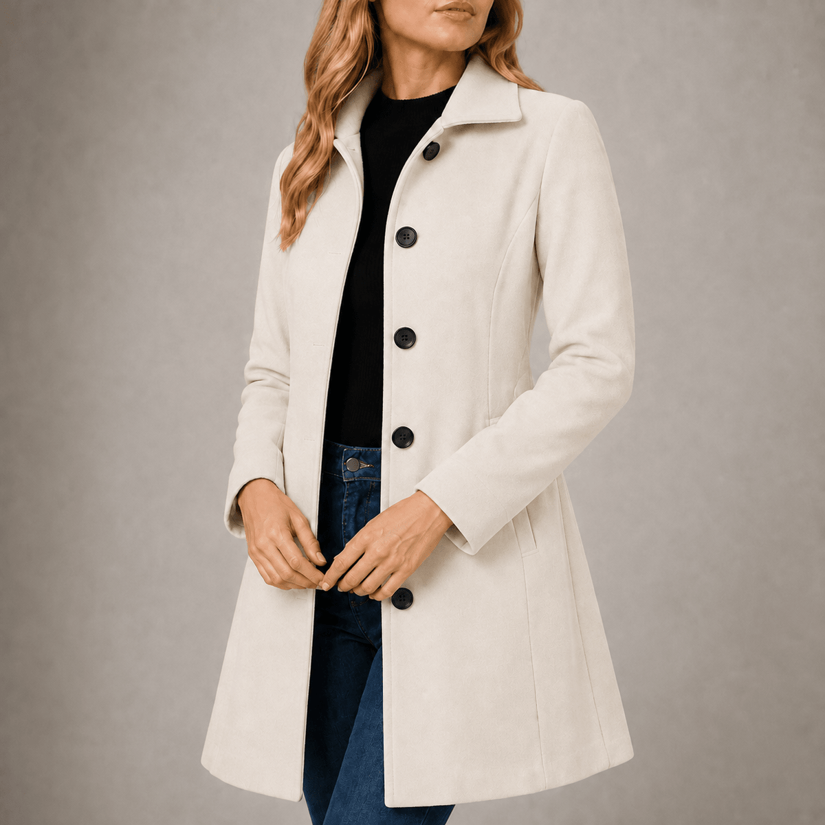 Charlotte - Women's Tailored Single-Breasted Coat with Notch Collar - Overcoats - Beige - Parker&Brooks