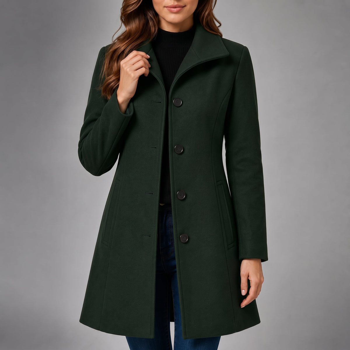 Charlotte - Women's Tailored Single-Breasted Coat with Notch Collar - Overcoats - Dark Green - Parker&Brooks