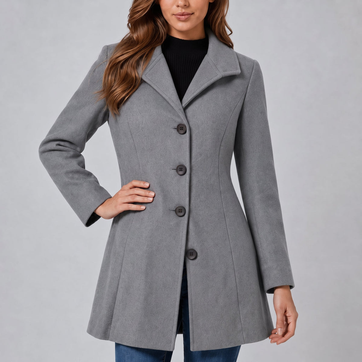 Charlotte - Women's Tailored Single-Breasted Coat with Notch Collar - Overcoats - Gray - Parker&Brooks