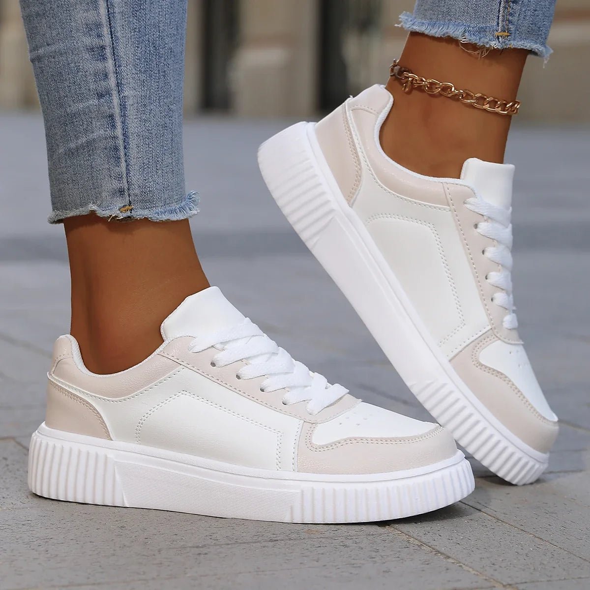 Chloe - Women's Chunky Platform Lace-Up Color Block Sneakers - Sneakers - Beige - Sarvento