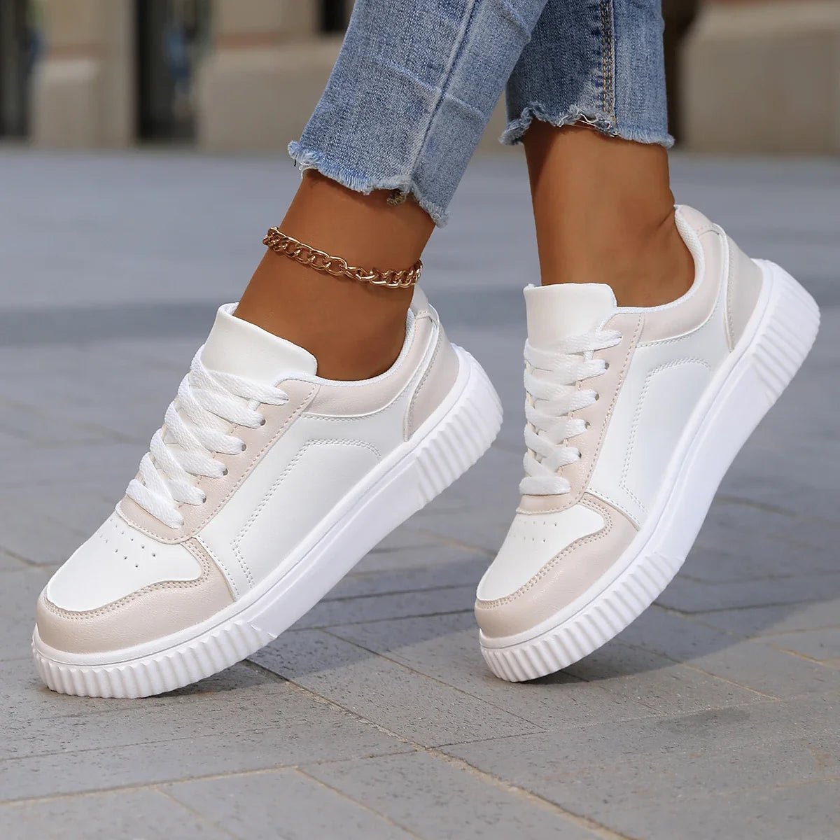 Chloe - Women's Chunky Platform Lace-Up Color Block Sneakers - Sneakers - Beige - Sarvento