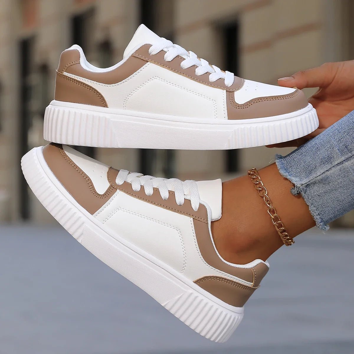 Chloe - Women's Chunky Platform Lace-Up Color Block Sneakers - Sneakers - Brown - Sarvento