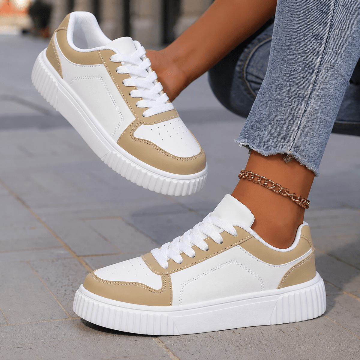 Chloe - Women's Chunky Platform Lace-Up Color Block Sneakers - Sneakers - Khaki - Sarvento