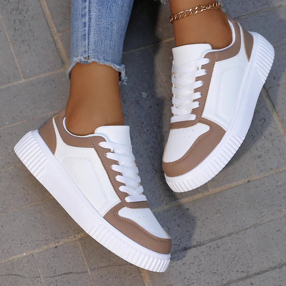 Chloe - Women's Chunky Platform Lace-Up Color Block Sneakers - Sneakers - Brown - Sarvento