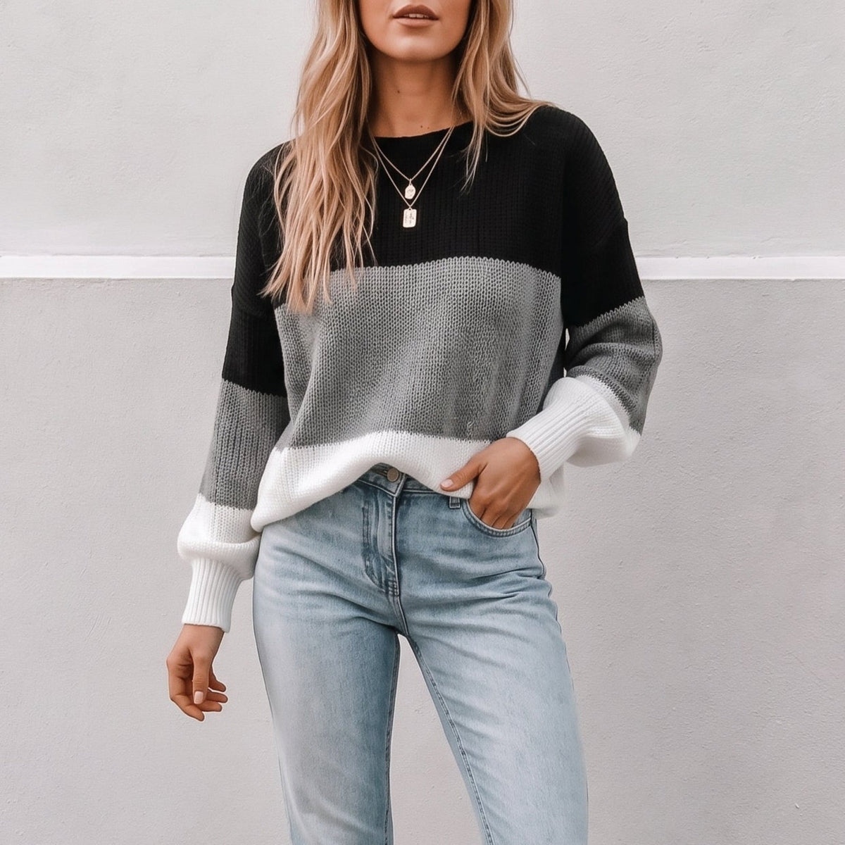 Chloe - Women's Colorblock Crew Neck Sweater with Bishop Sleeves - Sweaters - Black - Sarvento