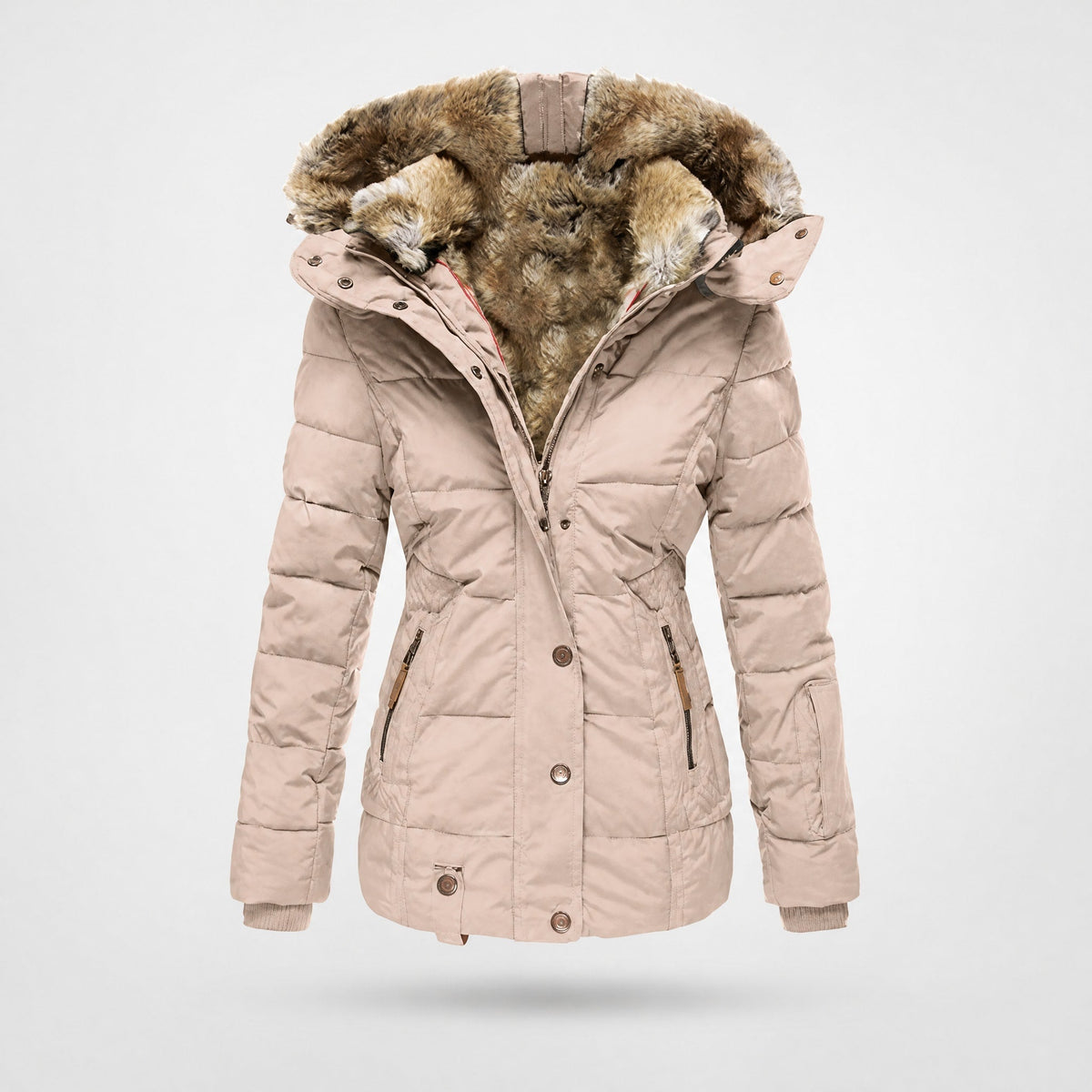 Chloe - Women's Hooded Puffer Jacket with Faux Fur Trim and Zip Pockets - Coats & Jackets - Pink - Sarvento