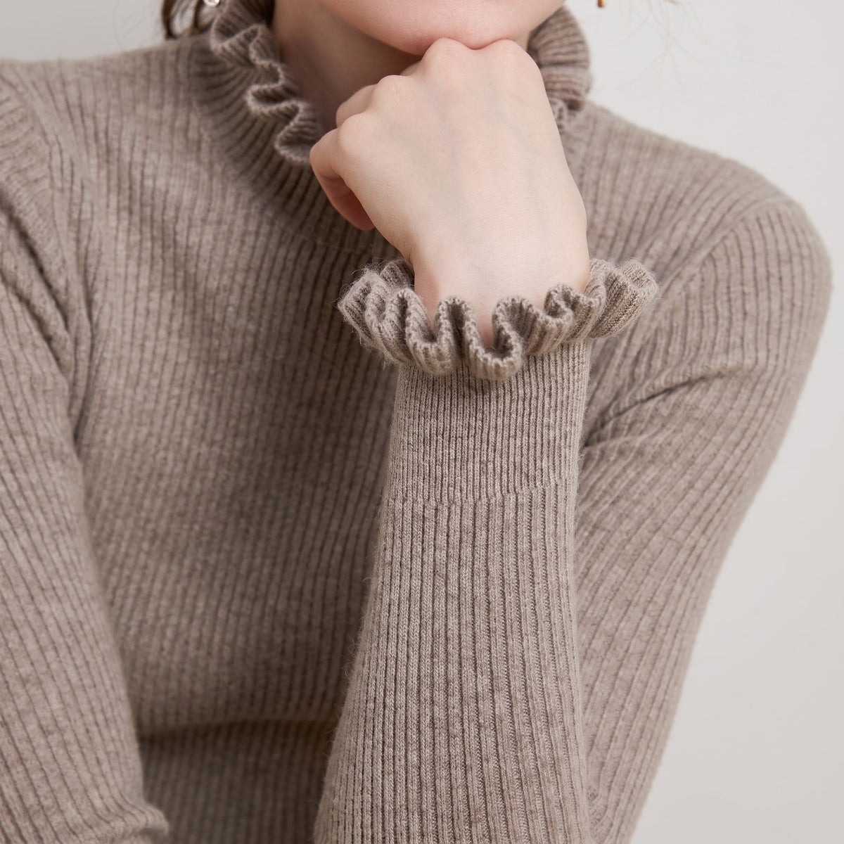 Chloe - Women's Ruffle Turtleneck Ribbed Knit Sweater with Long Sleeves - Sweater - Light Brown - Sarvento
