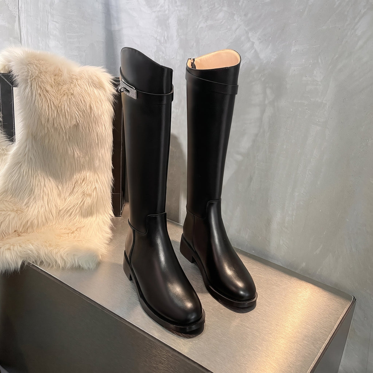 Claire - Women's Knee-High Riding Boots with Buckle Strap - Boots - Black - Sarvento