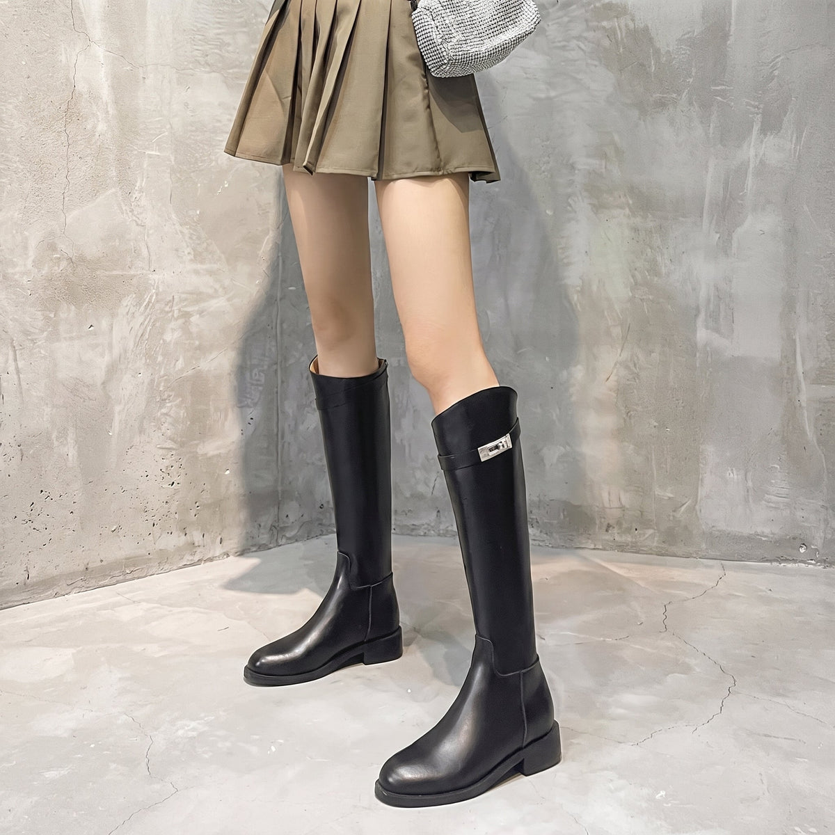 Claire - Women's Knee-High Riding Boots with Buckle Strap - Boots - Black - Sarvento