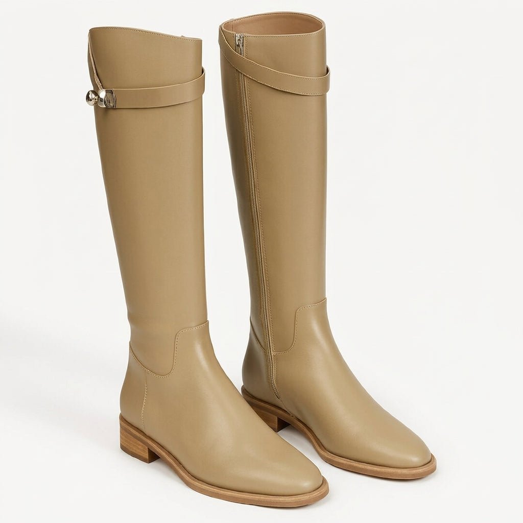 Claire - Women's Knee-High Riding Boots with Buckle Strap - Boots - Beige - Sarvento