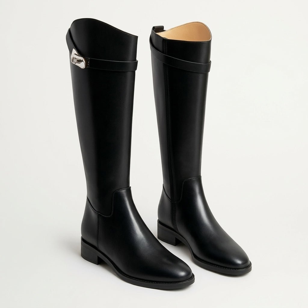 Claire - Women's Knee-High Riding Boots with Buckle Strap - Boots - Black - Sarvento