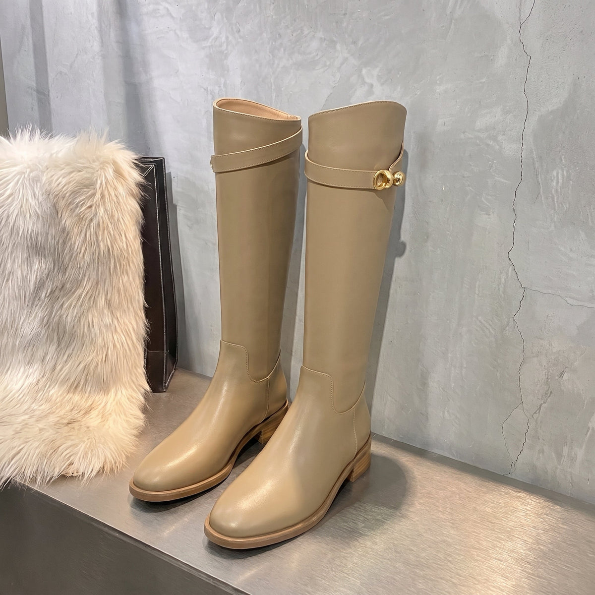 Claire - Women's Knee-High Riding Boots with Buckle Strap - Boots - Beige - Sarvento