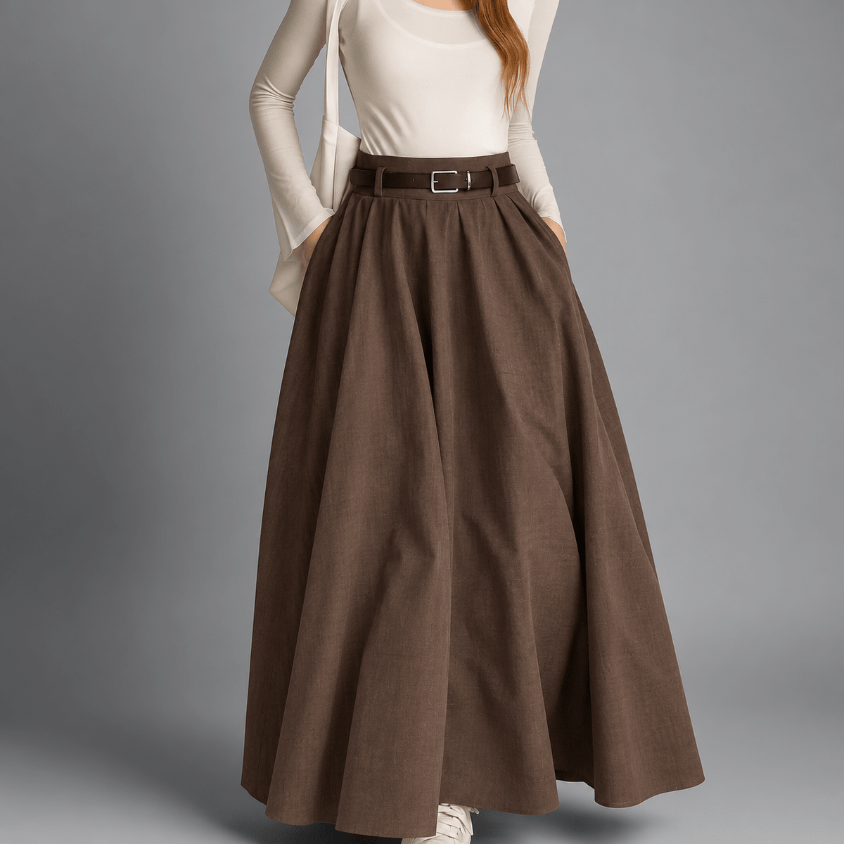 Clara - Women's Belted Pleated Maxi Skirt with Side Pockets - Skirts - Brown - Sarvento