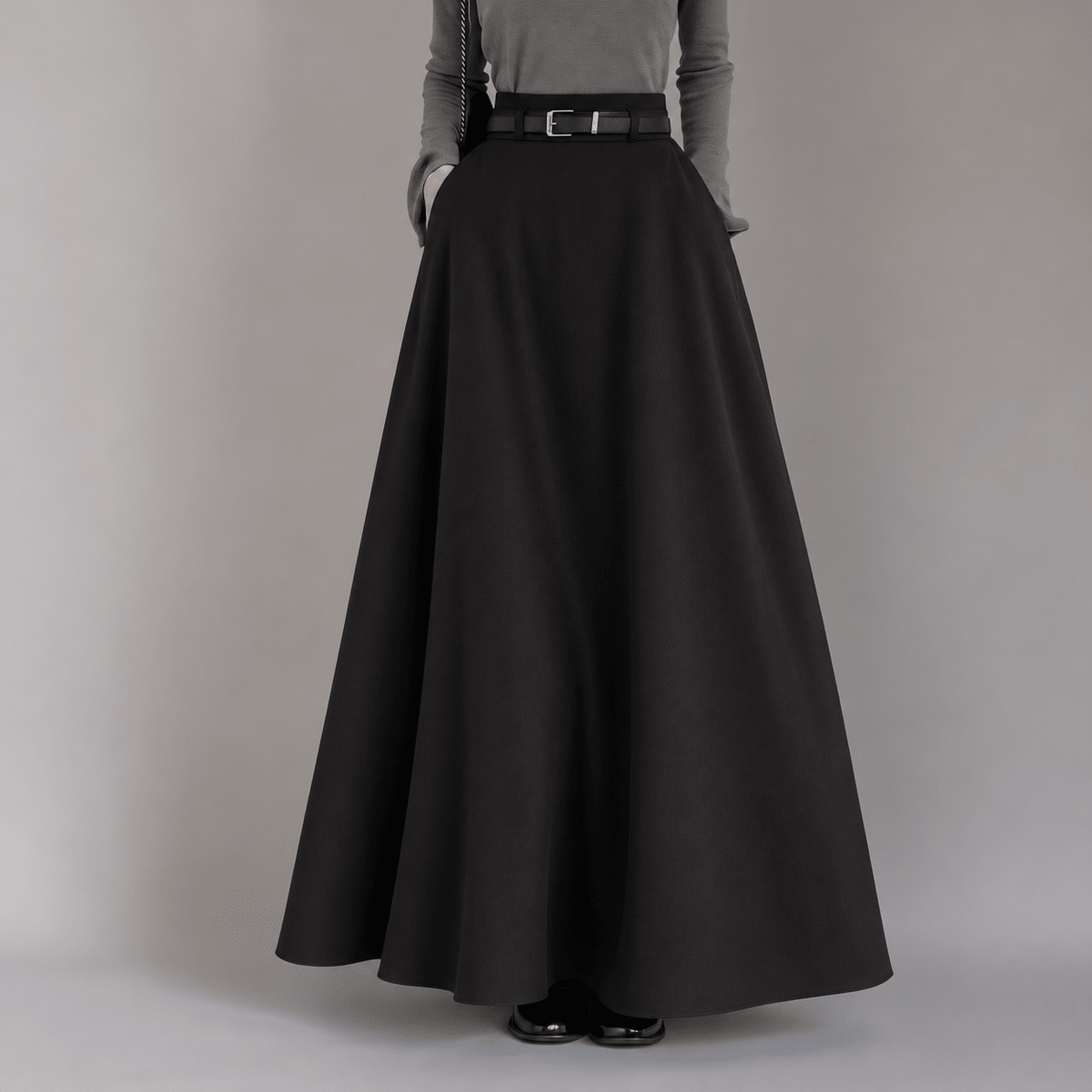 Clara - Women's Belted Pleated Maxi Skirt with Side Pockets - Skirts - Black - Sarvento
