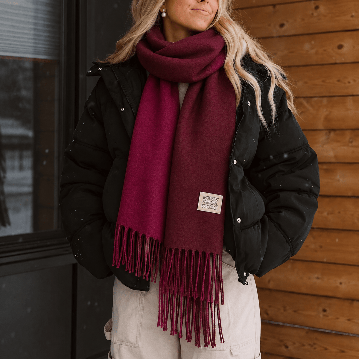 Clara - Women's Cozy Oversized Long Fringe Trim Winter Wrap Scarf - Scarves & Shawls - Red - Sarvento