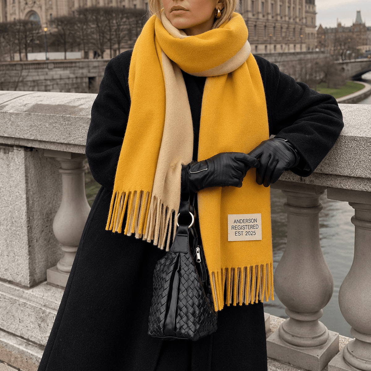 Clara - Women's Cozy Oversized Long Fringe Trim Winter Wrap Scarf - Scarves & Shawls - Yellow - Sarvento