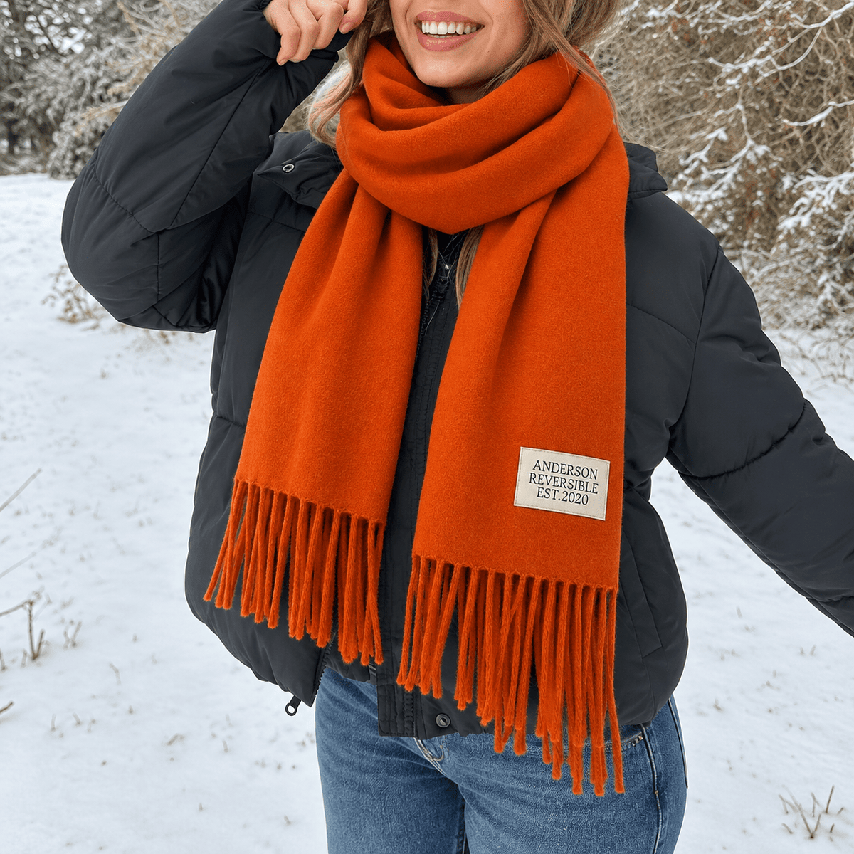 Clara - Women's Cozy Oversized Long Fringe Trim Winter Wrap Scarf - Scarves & Shawls - Orange - Sarvento