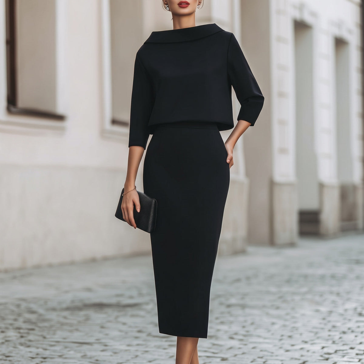 Clara - Women's Tailored Boat Neck Midi Two-Piece Set - Outfit Sets - Black - Sarvento
