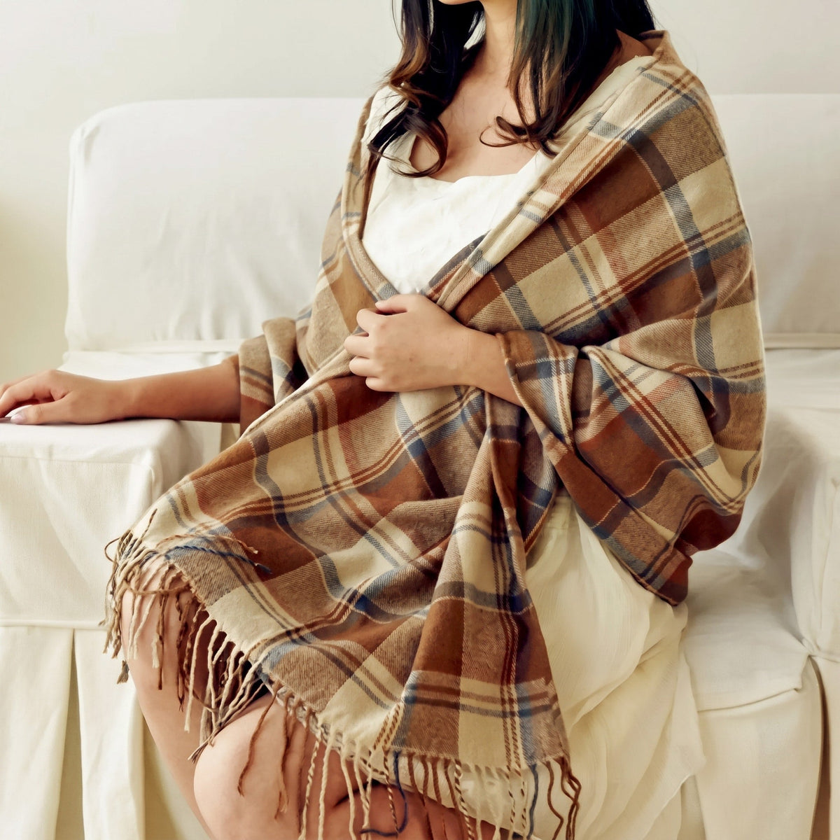 Coleen - Women's Fringed Tassel Wrap Shawl with Plaid Print - Black - Parker&Brooks