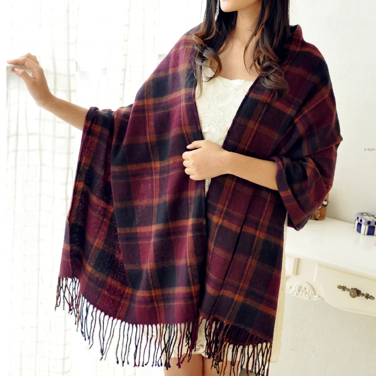 Coleen - Women's Fringed Tassel Wrap Shawl with Plaid Print - Black - Parker&Brooks