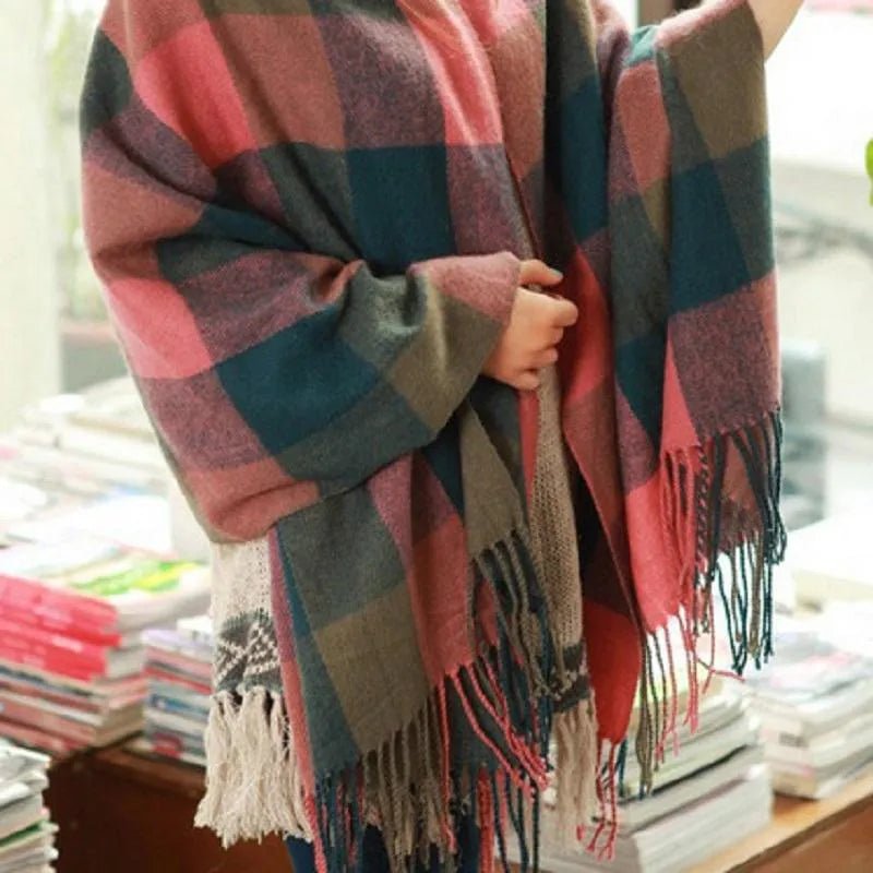 Coleen - Women's Fringed Tassel Wrap Shawl with Plaid Print - Green - Parker&Brooks