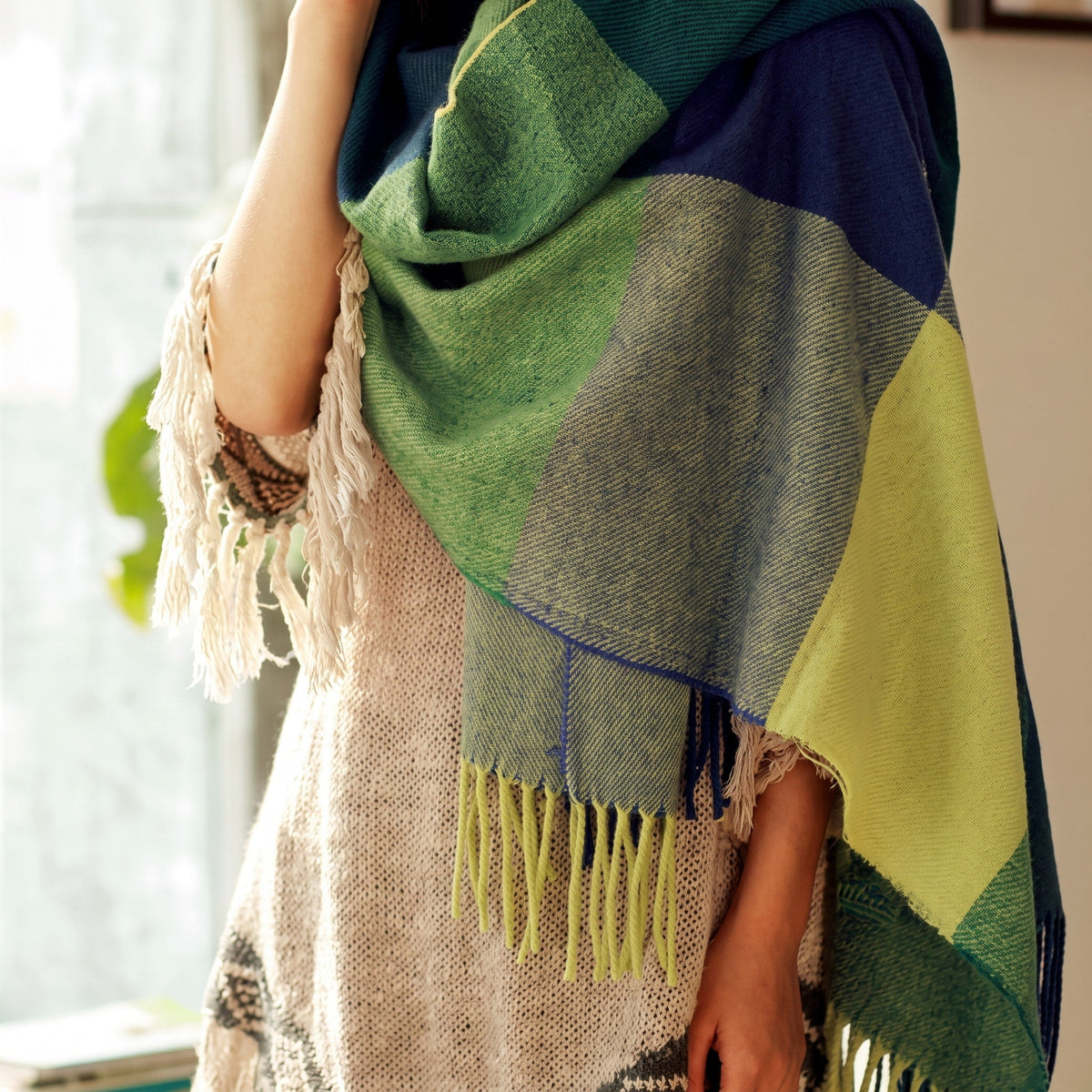 Coleen - Women's Fringed Tassel Wrap Shawl with Plaid Print - Black - Parker&Brooks