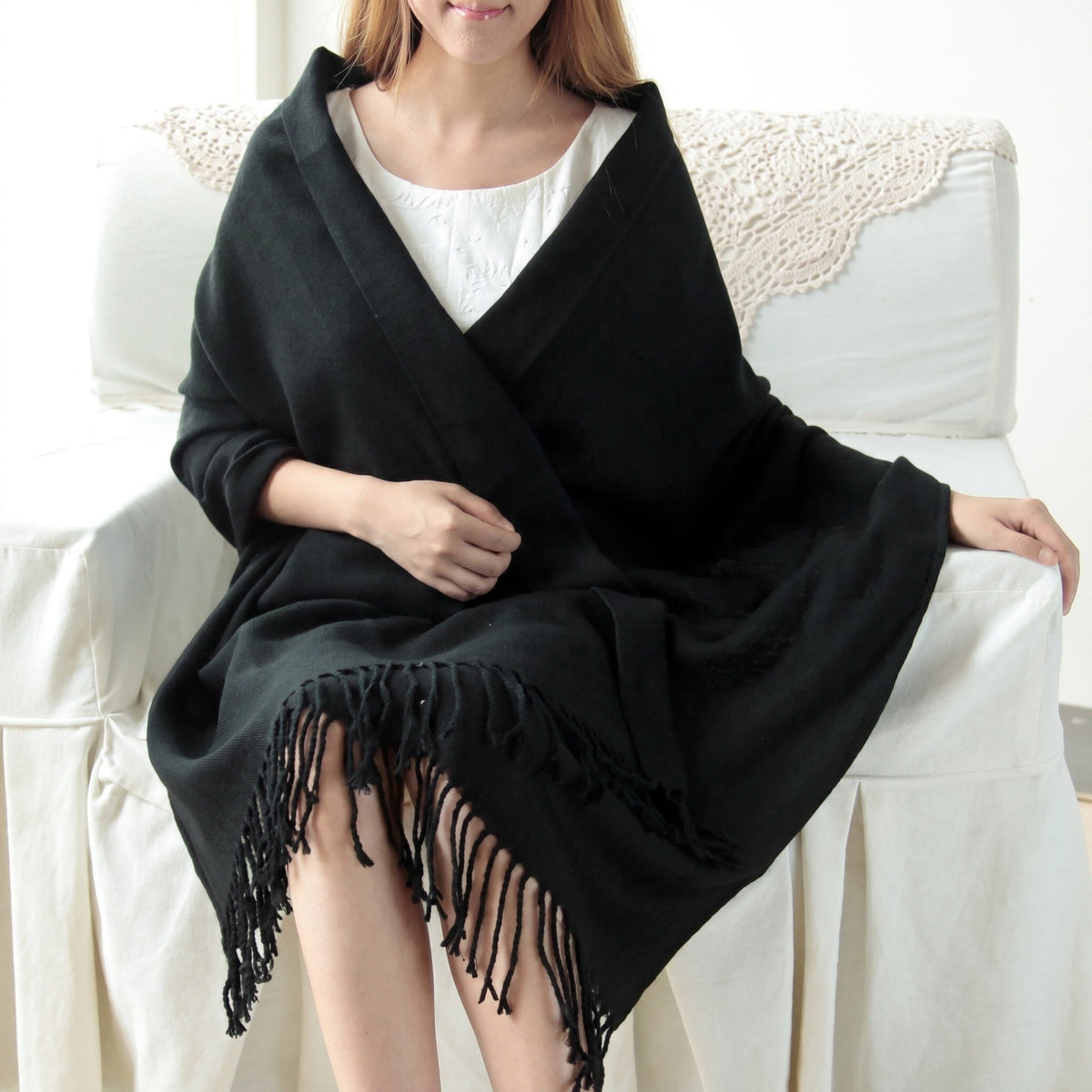 Coleen - Women's Fringed Tassel Wrap Shawl with Plaid Print - Black - Parker&Brooks