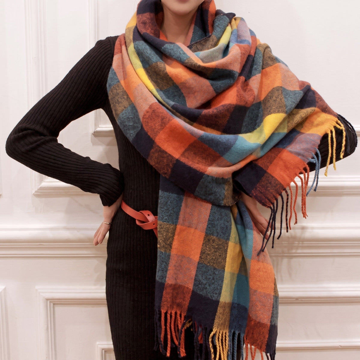 Coleen - Women's Fringed Tassel Wrap Shawl with Plaid Print - Black - Parker&Brooks