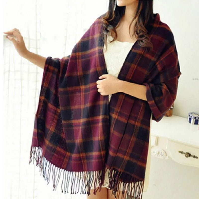 Coleen - Women's Fringed Tassel Wrap Shawl with Plaid Print - Burgundy - Parker&Brooks