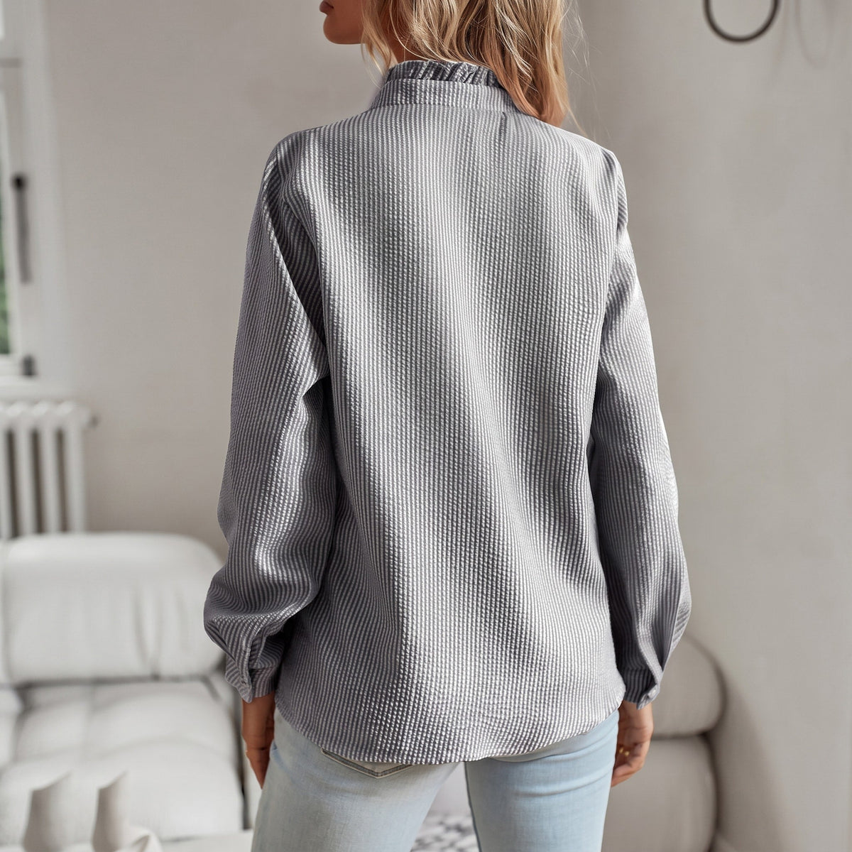 Corinne - Women's Ruffle Collar Long Sleeve Striped Blouse with Button Front - Blouses - Gray - Parker&Brooks