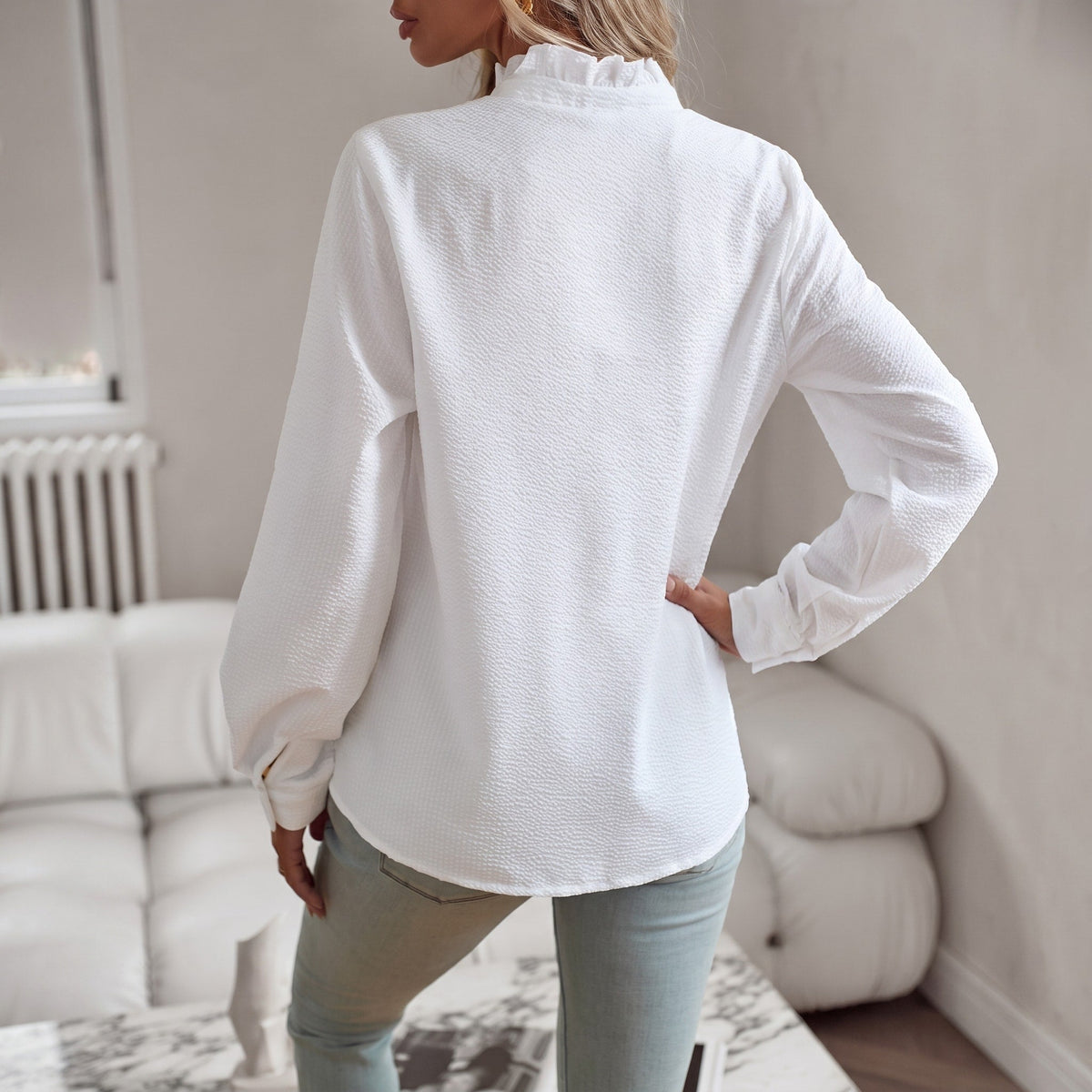 Corinne - Women's Ruffle Collar Long Sleeve Striped Blouse with Button Front - Blouses - White - Parker&Brooks
