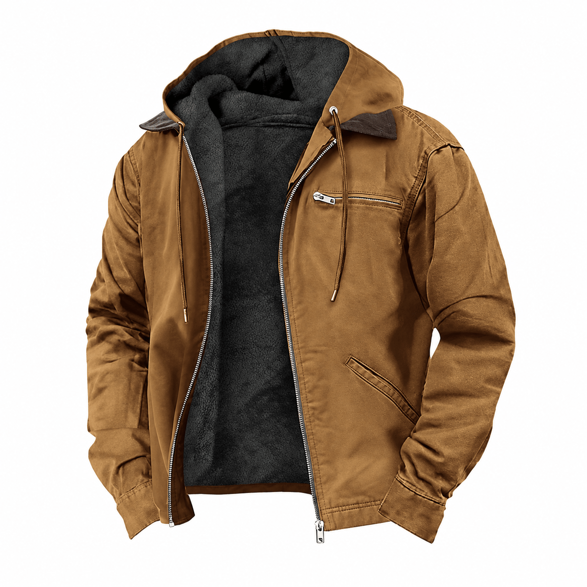 Daniel – Men’s Hooded Fleece-Lined Zip-Up Field Jacket - Coats & Jackets - Brown - Sarvento