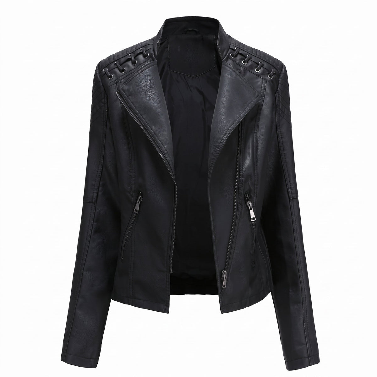 Debby - Women's Moto Biker Jacket with Lace-Up Shoulder Detail - Motorcycle Outerwear - Black - Parker&Brooks