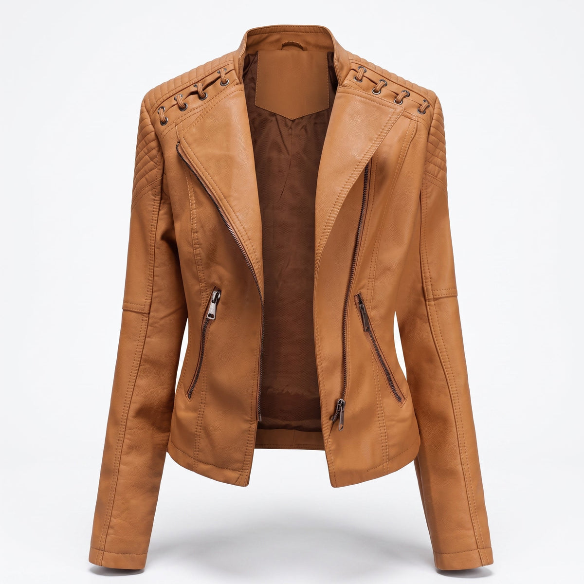 Debby - Women's Moto Biker Jacket with Lace-Up Shoulder Detail - Motorcycle Outerwear - Light Brown - Parker&Brooks