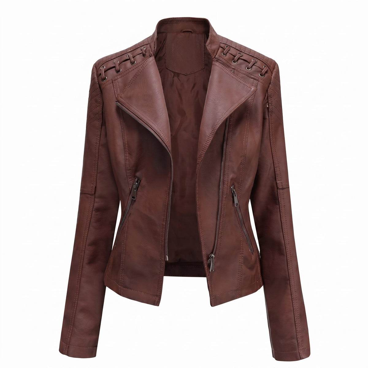 Debby - Women's Moto Biker Jacket with Lace-Up Shoulder Detail - Motorcycle Outerwear - Dark Brown - Parker&Brooks