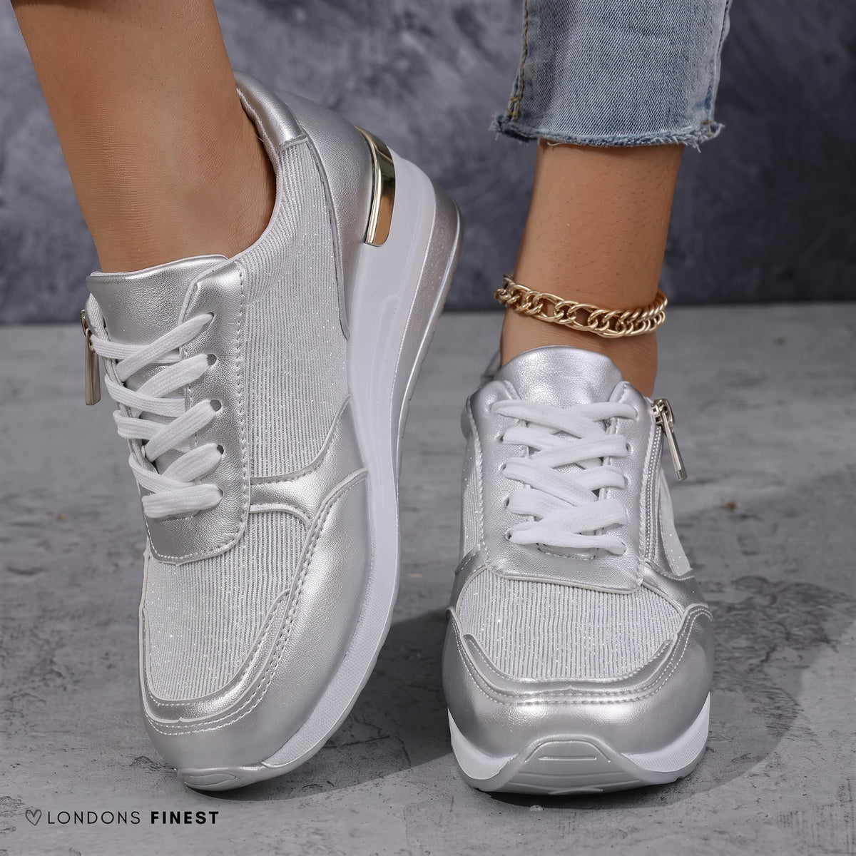Dina - Women's Orthopedic Lace-Up Sneakers with Side Zip - Sneakers - Silver - Parker&Brooks