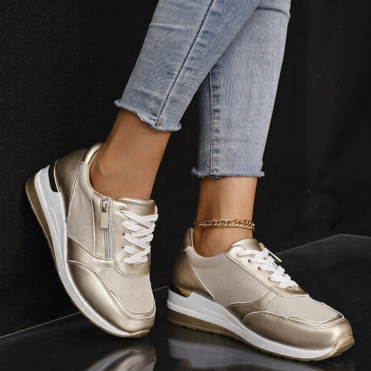Dina - Women's Orthopedic Lace-Up Sneakers with Side Zip - Sneakers - Gold - Parker&Brooks
