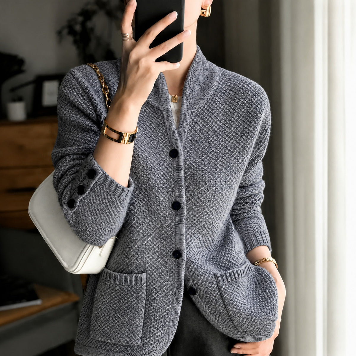 Edda - Women's Textured Knit Cardigan with Button-Front Closure - Cardigans - Gray - Parker&Brooks