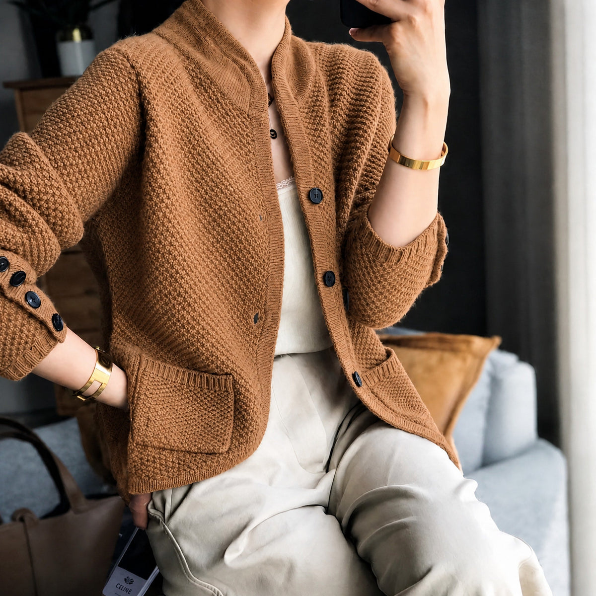 Edda - Women's Textured Knit Cardigan with Button-Front Closure - Cardigans - Brown - Parker&Brooks