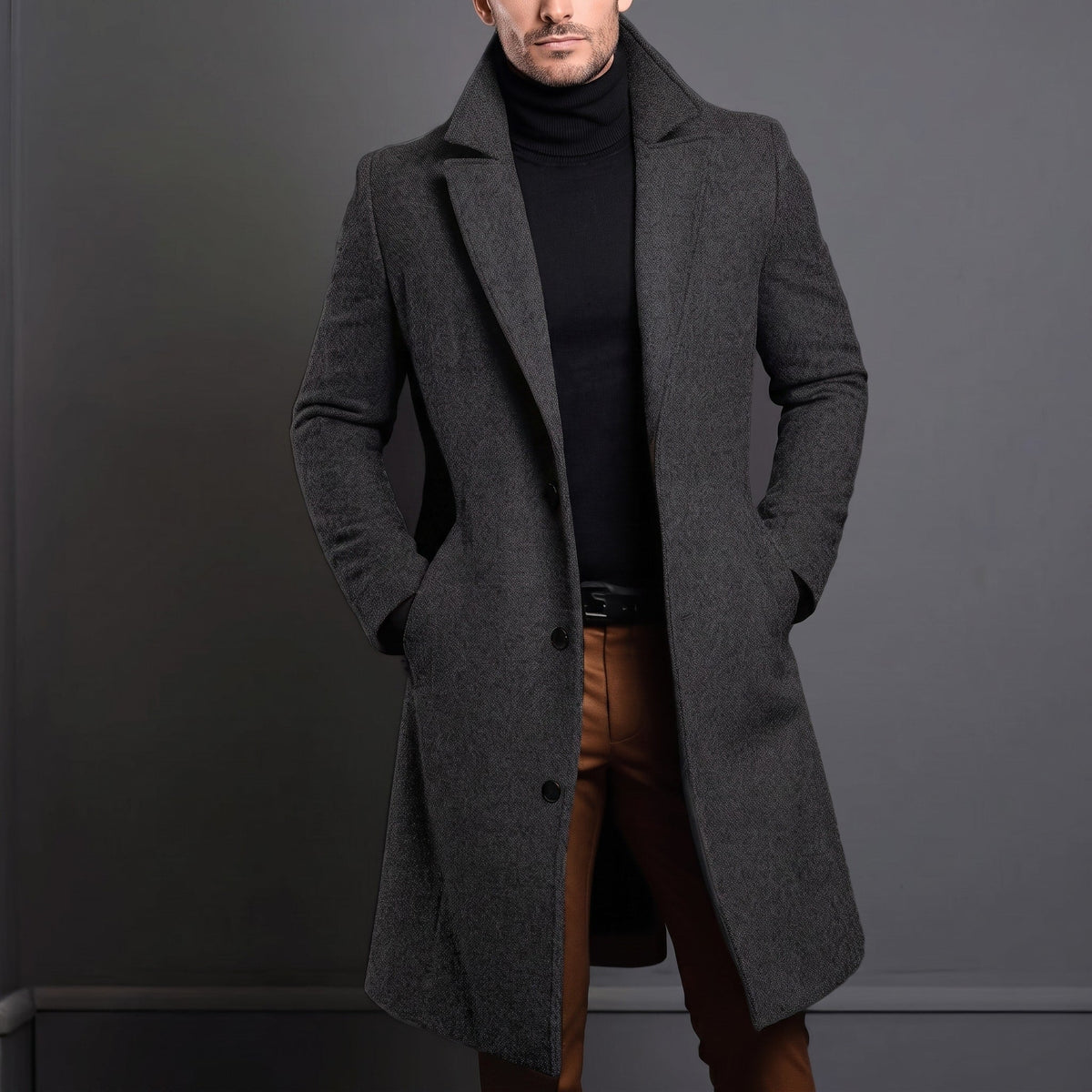 Edson - Men's Tailored Longline Wool-Look Overcoat with Notch Lapel - Overcoats - Gray - Parker&Brooks