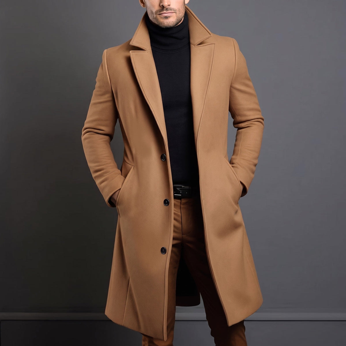 Edson - Men's Tailored Longline Wool-Look Overcoat with Notch Lapel - Overcoats - Khaki - Parker&Brooks