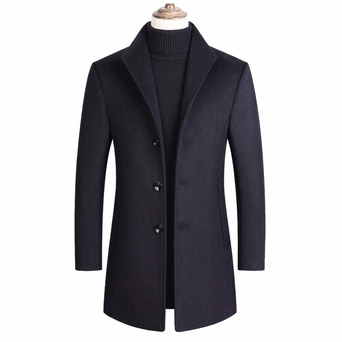 Edward - Men's Classic Tailored Single-Breasted Overcoat with Notch Lapel - Overcoats - Navy Blue - Sarvento