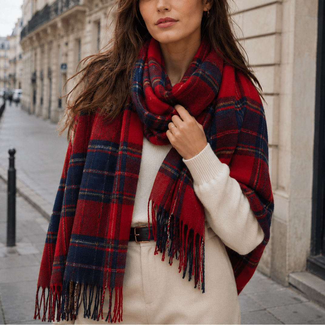 Eleanor – Women’s Fringed Tartan Plaid Blanket Scarf - Scarves & Shawls - Red - Sarvento