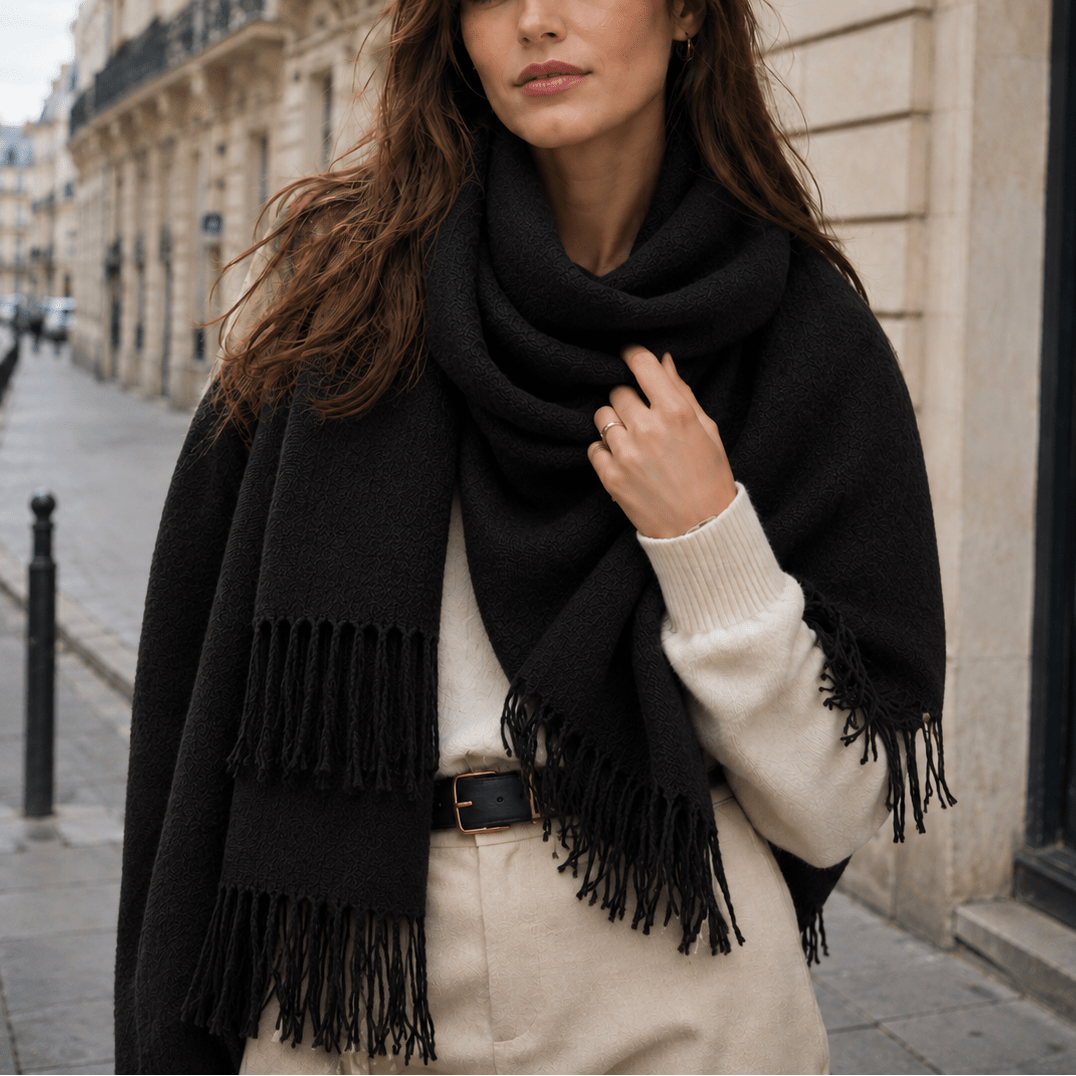 Eleanor – Women’s Fringed Tartan Plaid Blanket Scarf - Scarves & Shawls - Black - Sarvento