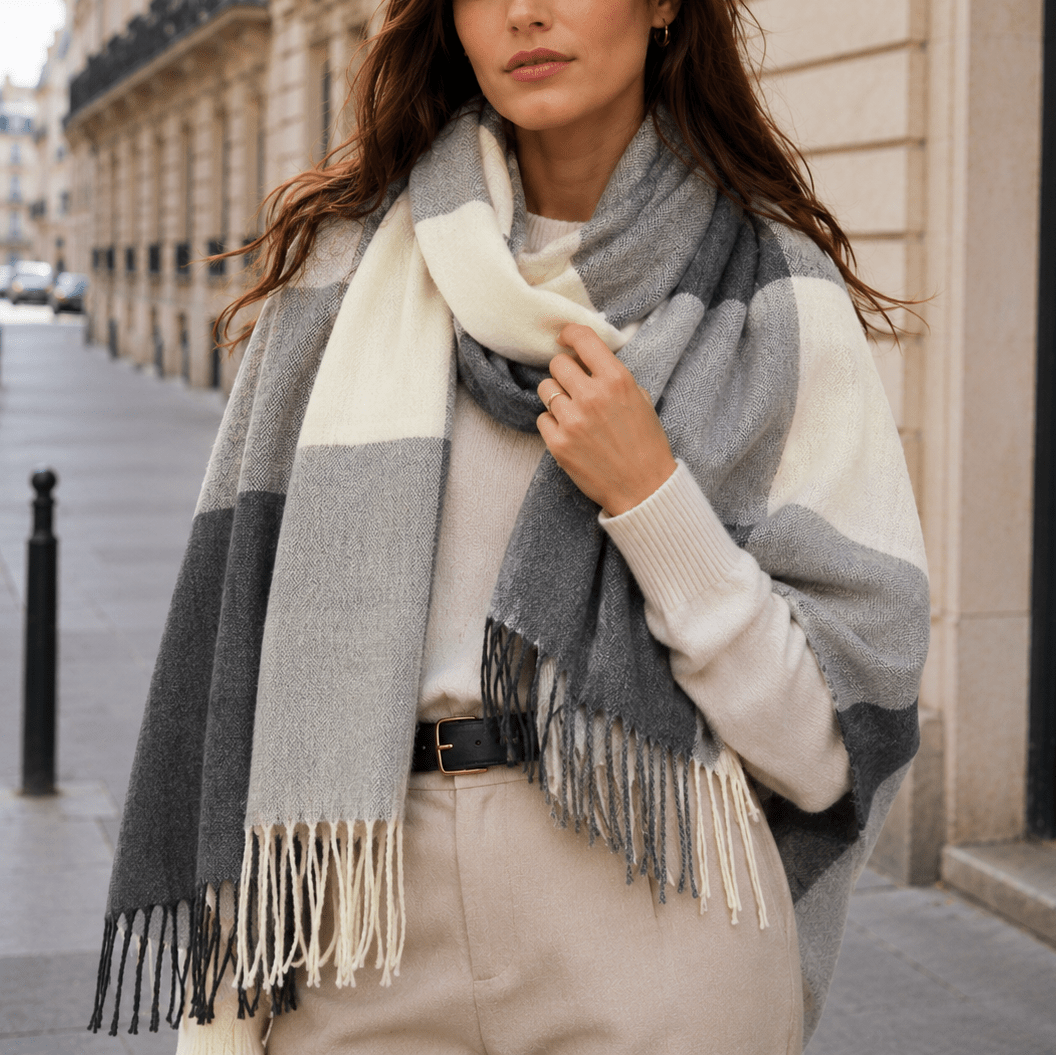 Eleanor – Women’s Fringed Tartan Plaid Blanket Scarf - Scarves & Shawls - White - Sarvento